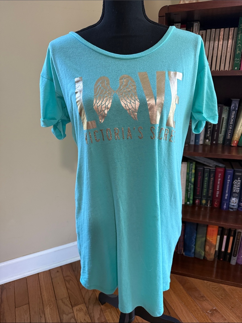 Victoria's Secret Aqua Sleep Tee with Gold LOVE Graphic